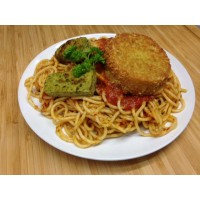 Spaghettis tomates basilic et steak végétarien au fromage