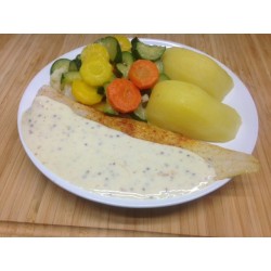 Filet de colin à la crème d'aneth au citron et  gingembre, riz basmati et gratin de courgettes