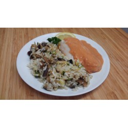 Dos de colin sauce armoricaine, riz basmati et flan de légumes du soleil