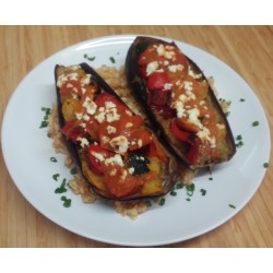 Aubergine farcie à la Carlton et pommes sautées
