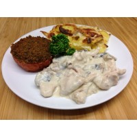 Emincé de dinde aux champignons, flan de légumes et riz basmati