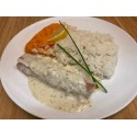 Dos de colin à la crème d'aneth et citron, purée de carottes et méglange de graines
