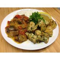 Filet de poulet, Caponata siscilienne et pennes au basilic
