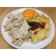 Emincé de porc au satay, purée de p.d.terre aux oignons et gratin de courgettes