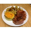 Fricassé de dinde à l'orange, riz sauvage et gateau de légumes