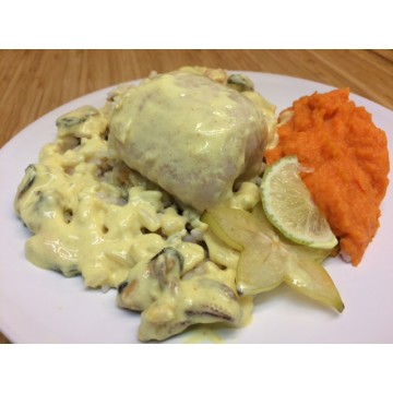 Medaillon de sole, sauce aux agrumes, purée de carottes et riz basmati