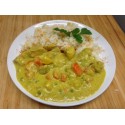 Colombo de poulet, flan de légumes et pommes sautées