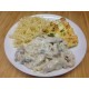 Emincé de dinde forestière crème et champignons, gratin de courgettes et pennes