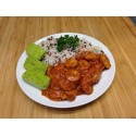 Rougail'saucisses, riz au lentilles corail et courgettes persillade