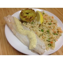 Merlu sauce aux agrumes, riz basmati et purée de carotte patates douces