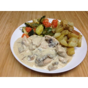 Emincé de dinde sauce aux marrons, polenta au fromage et tomate provençale