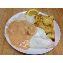 Limande sauce crustacés, légumes grillés riz et blé tendre
