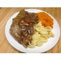 Emincé de dindes aux marrons, purée de potiron et pommes sautées